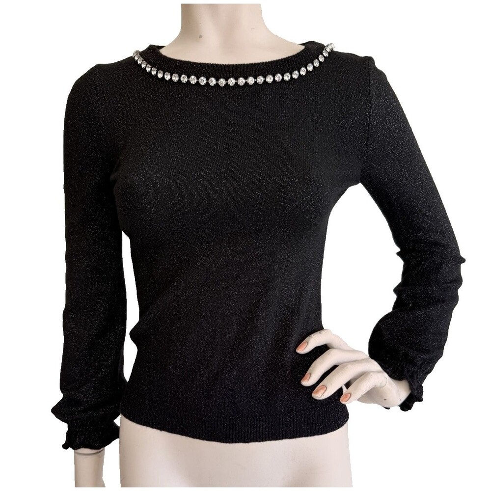 BOUTIQUE MOSCHINO Black Sweater Large Rhinestone Accent Wool Cashmere Blend S